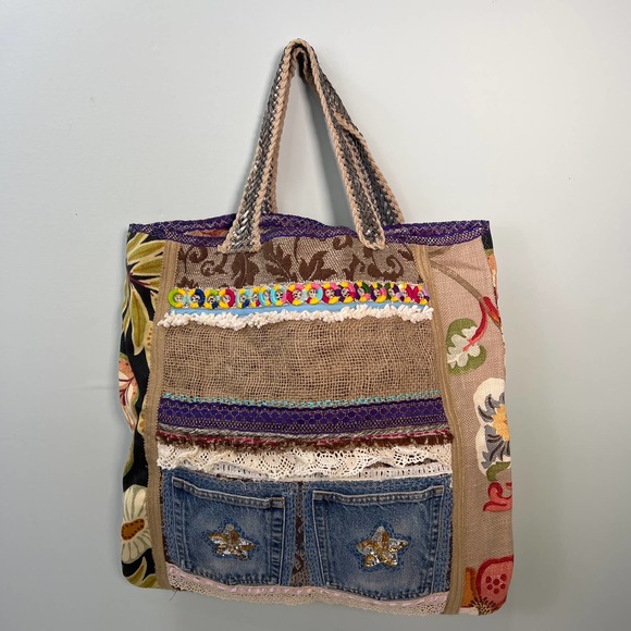 Upcycled Tote Market Bag Denim Lace Remnants Large Shopping Crafts Boho Artist - Picture 1 of 9